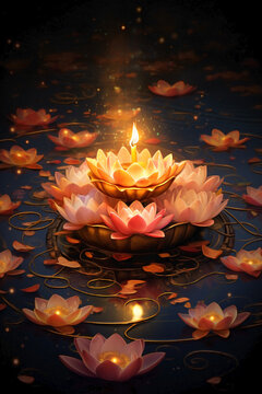 Group of lotus flowers and candles to depict spiritual growth. Concept progress on the journey.