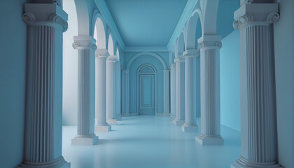 3d rendering light blue corridor pillars background render, columns in the sky, Ai generated image 