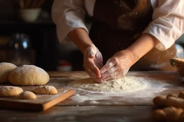 Photo sur Plexiglas Pain Closeup hands preparing cake and bread in the kitchen