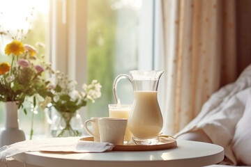 Fototapeta na wymiar Fresh milk with window at home