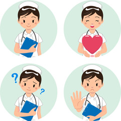 色々な表情をした女性看護師のアイコンイラスト素材