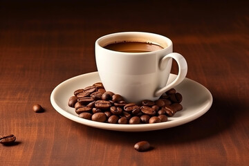 Coffee cup with coffee bean on the wooden table background