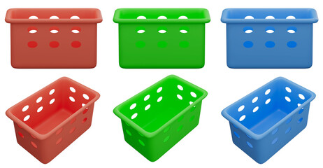 3D rendering of laundry plastic basket, low basket in front and top view