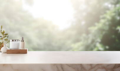 Empty table top with blurry background. Best for product display and advertisement of beauty product.