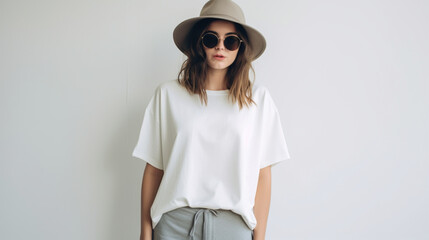 Advertising Mockup: Stylish Female Model Wearing White T-Shirt, pants, Sunglasses, and Hat created with Generative AI Technology