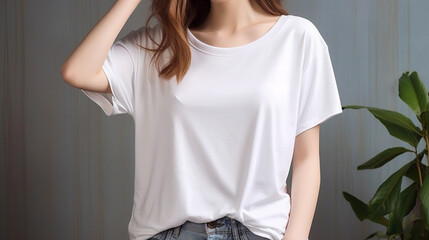 White T-Shirt Mockup: Woman's Torso on Gray Background created with Generative AI Technology