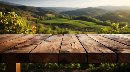 Empty wooden table top with copy space against blurred vineyard background. banner. useful in product display montage.