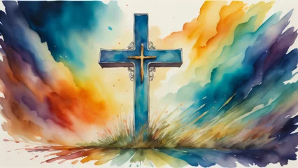 Foto op Plexiglas A watercolor painting of a vibrantly colored Cristian cross. © Jason Yoder