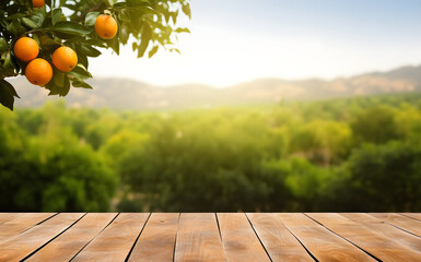 Empty wood table with blurry orange tree background. best for product display montage.