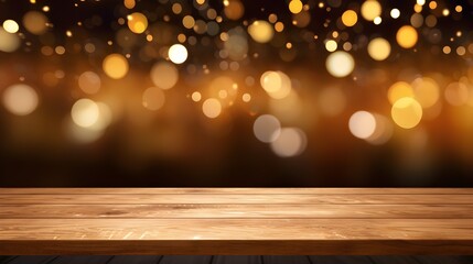 Empty wooden table top on blur light golden bokeh of cafe restaurant background. useful for product display montage.