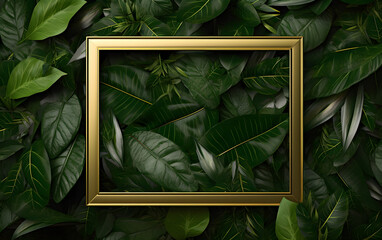 top view of golden frame on green fresh leaves background, copy space in middle.