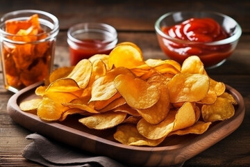 Potato chips snacks in glass bowls on wooden background - obrazy, fototapety, plakaty
