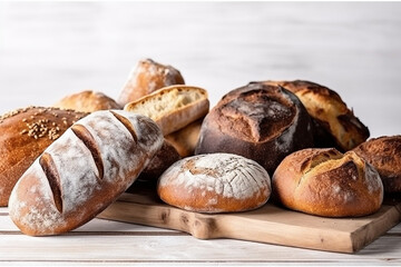 Assortment of baked bread on white wooden background