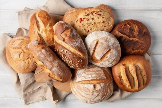 Assortment of baked bread on white wooden background