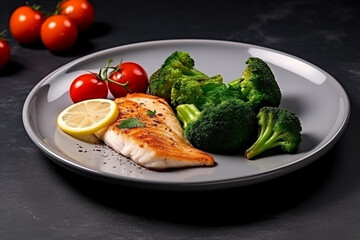 Fried fish in white plate, broccoli, tomato,lemon on black background