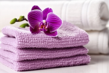 White towels with  purple orchid flower