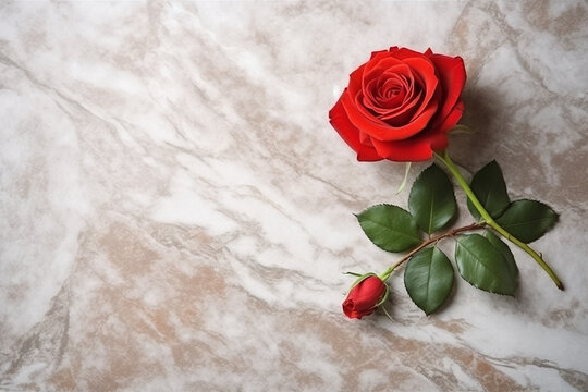 Top view red rose on marble background,valentine day concept.
