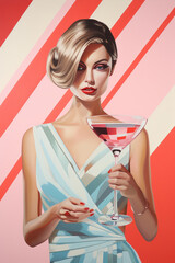 Beautiful girl with blond hair and red lipstick with glass of martini cocktail on pastel striped background. Party concept.