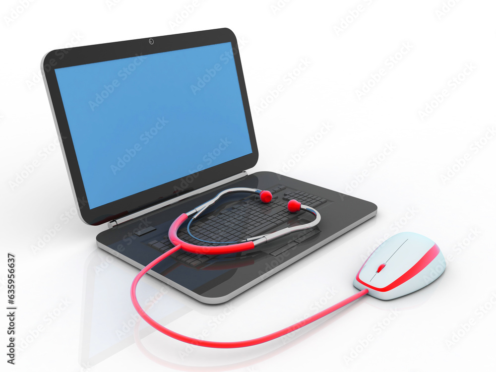 Poster 3d rendering laptop with mouse connected stethoscope