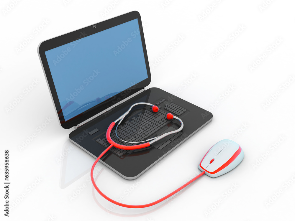 Poster 3d rendering laptop with mouse connected stethoscope