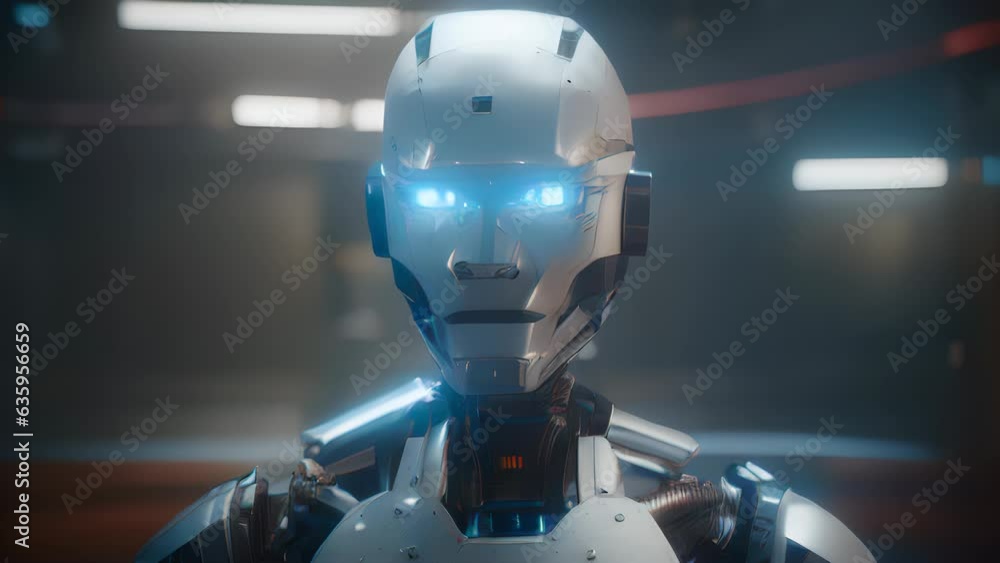 Poster a futuristic robot with glowing eyes standing in a dimly lit room. generative ai