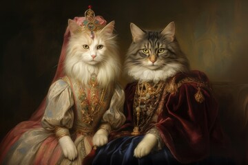 Cat, Prince, Princess, King, Queen, Animal, Couple, Portrait, Medieval, Renaissance. CAT DUKE AND DUCHESS. A bijou of a couple of noble duke cats of high aristocracy dressed up in Medieval style. - obrazy, fototapety, plakaty