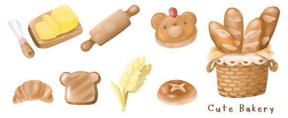 Adorable sweet bread bakery and cooking tool watercolor painting collection vector