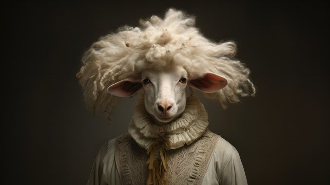 3D ironic portrait, Animal, Sheep, Wig, Dressed, 1700, Noble, Aristocratic. EIGHTEENTH-CENTURY SHEEP. Beautiful portrait of a sheep with big wool wig in perfect 1700s style.