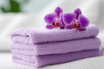 Obraz na płótnie Canvas White towels with purple orchid flower