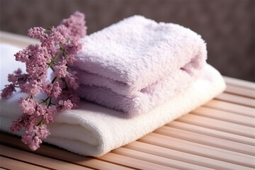 White towel with lavender flower on wooden background.