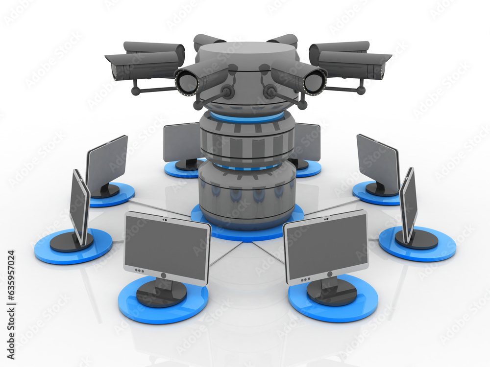 Poster 3d rendering technology computer database storage under cctv camera