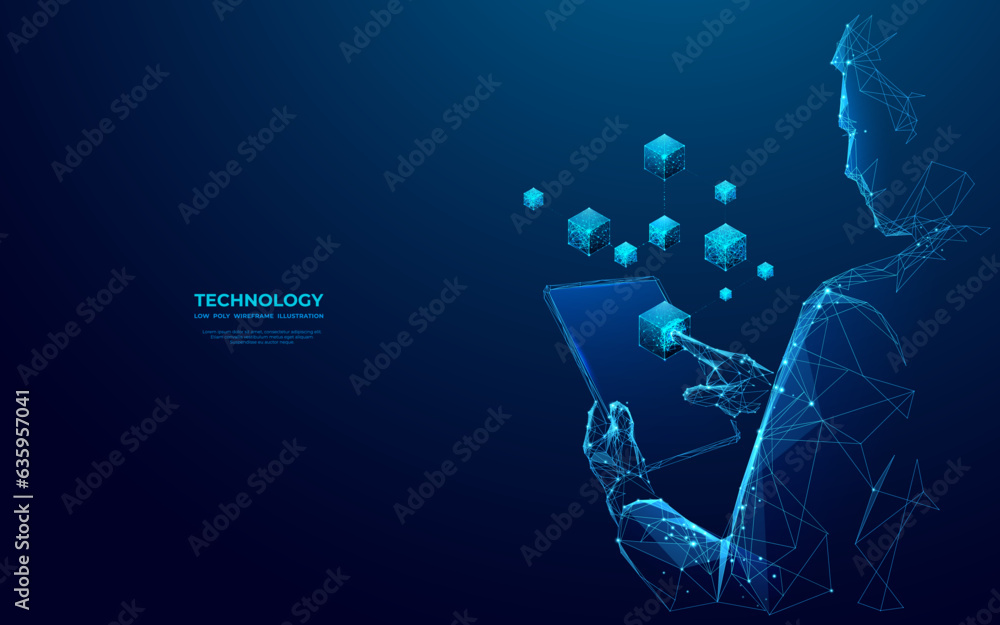 Fototapete Abstract businessman is holding tablet with a blockchain hologram. Digital innovation or fintech concept. Futuristic low poly metaverse in technological blue. Vector 3D illustration of cryptocurrency.