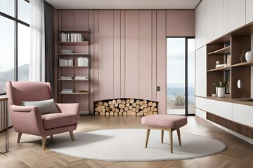 Comfortable powder pink chair next to shelf with firewood in soft pastel bedroom with decorative glass