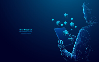Abstract businessman is holding tablet with a blockchain hologram. Digital innovation or fintech concept. Futuristic low poly metaverse in technological blue. Vector 3D illustration of cryptocurrency.