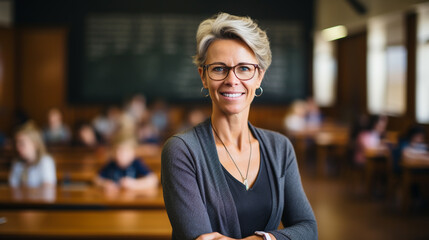 Fototapeta premium Generative AI, mature woman professor stands against the backdrop of a university auditorium, lecturer, researcher, doctor of science, institute, knowledge