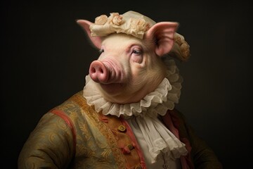Pig, Swine, 3d funny portrait, Renaissance, Medieval, Noble, Dressed, Aristocratic. Portrait Of A Renaissance LADY SWINE. A portrait of a cute aristocratic lady pig dressed up in Medieval style.