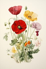 Simple, clean botanical illustration of assorted poppy wildflowers attached to stems on a tan background.