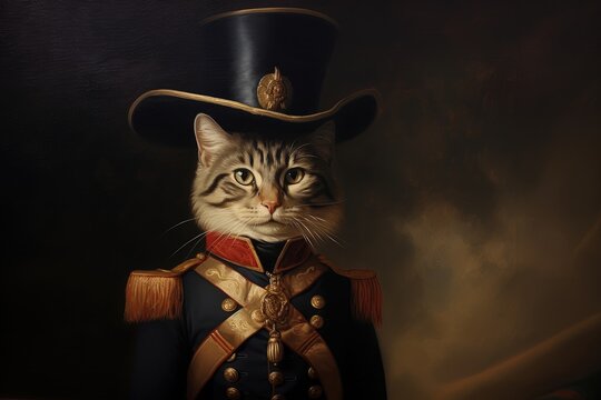 Cat, Kitten, Soldier, Official, Captain, Dressed, 1800, Ironic, 3D portrait. CAPTAIN KITTEN. A portrait of a cat. Feline dressed up as an army official. With top hat and all his honours.