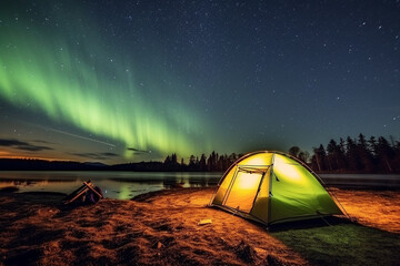 Camping tent at night with aurora light - obrazy, fototapety, plakaty