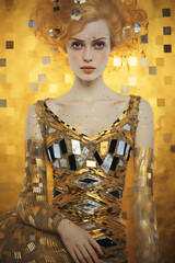 blonde model covered with gold like in a painting. Woman in gold in real world 