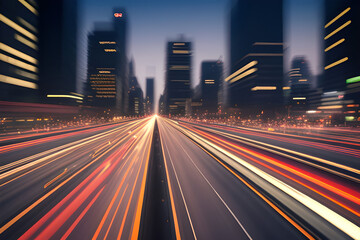 The motion blur of a busy urban highway during the evening rush hour. The city skyline serves as the background