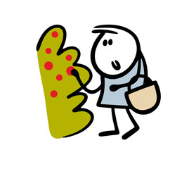 Woman with a basket in the forest plucks and collects red berries from a bush. Vector illustration of cartoon nature and fresh healthy food.