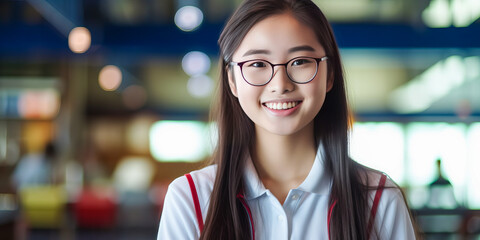 Engaging young Asian woman donning glasses and school uniform, conveying ambition, academia within a college environment. 