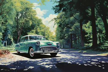 Fototapeta premium nice green retro car on the road surrounded by green trees in a sunny day