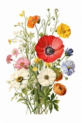 Simple, clean botanical illustration of assorted poppy wildflowers attached to stems on a white background.