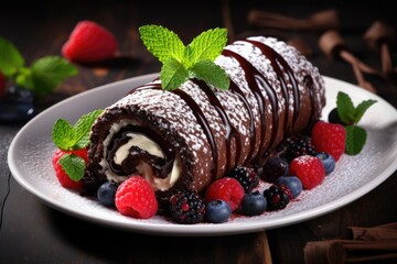 Chocolate Swiss Roll Cake coated with Chocolate Chips on table top, AI Generated