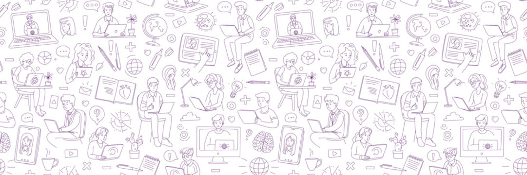 Learning online, e-learning video call chat with class. Distance education