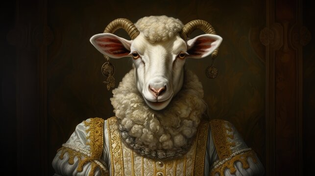 3D Portrait, Animal, Horned sheep, dressed, Ironic, 1700, Noble, Aristocratic. ARISTOCRATIC BIGHORN SHEEP WITH MEDAILLIONS. A beautiful portrait of a horned sheep posing with his noble wool collar.