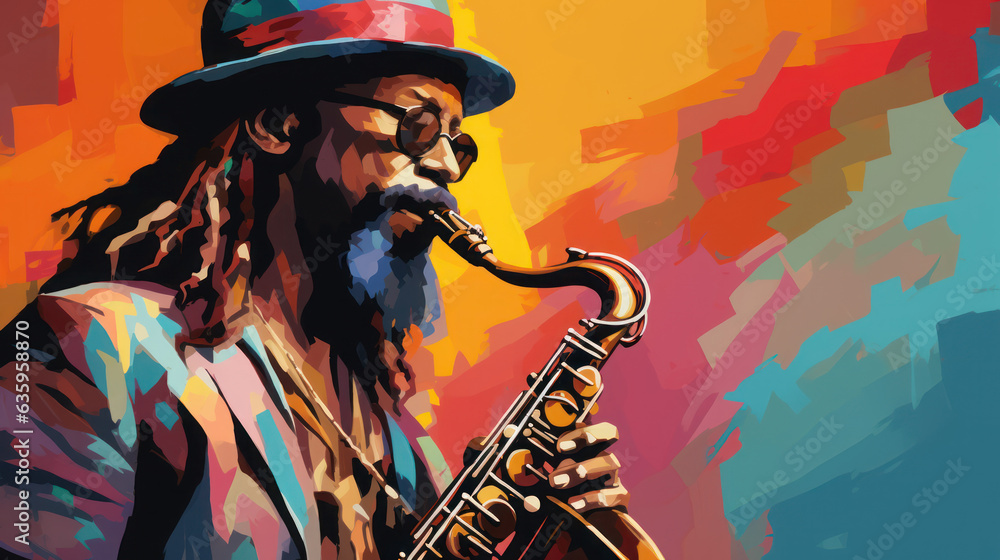 Wall mural abstract expressionist art style of portrait of man reggae cheerful blow the saxophone