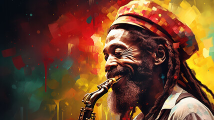 portrait of man reggae cheerful blow the saxophone